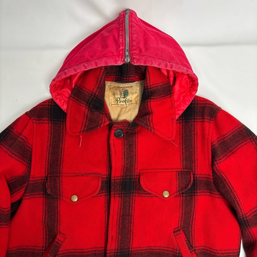 Vintage 30s Buffalo Hunting Jacket w Hood Mens Medium Red Plaid 1940s Wool Coat - Picture 4 of 16